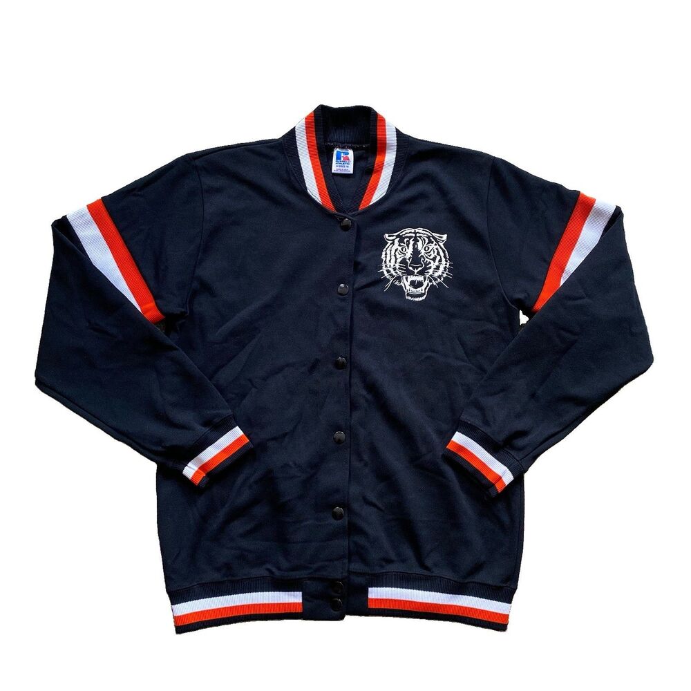 Vintage Russell Women's Track Jacket Black Urbana Tiger Misses Medium 80s Cat